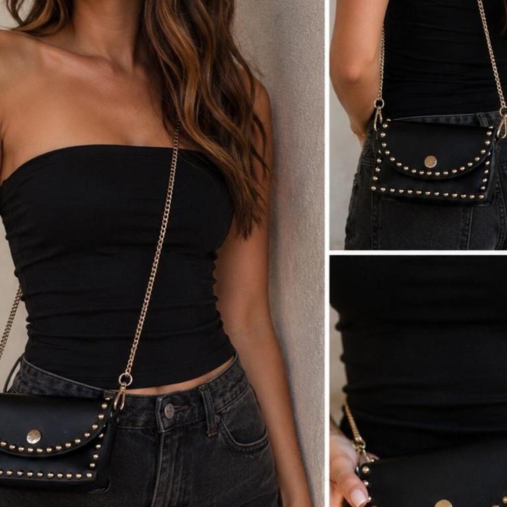 Black Studded crossbody bag gold Chain Strap Clutch Purse Boutique Inspired NWT